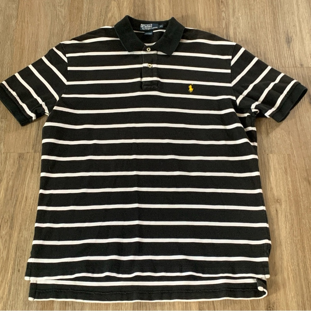 Vintage Ralph Lauren Polo Shirt Mens XL Black Block Stripes Rugby Jersey Classic
